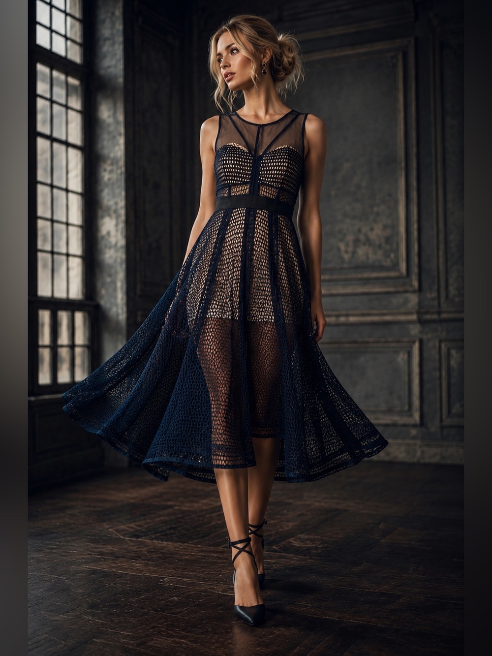 L’ATISTE Navy Mesh Illusion Fit & Flare Midi Dress Sheer Overlay Goth Coquette S